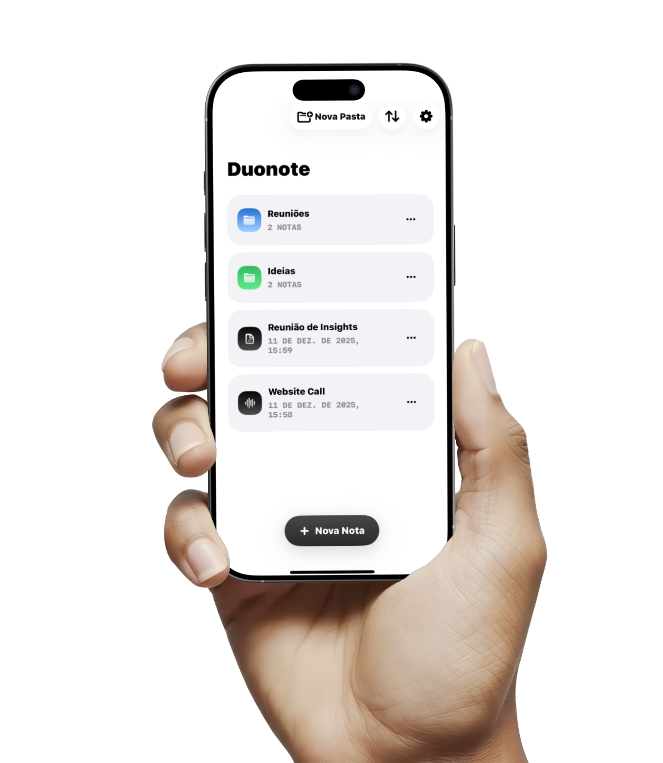 Hand holding phone showing Duonote app
